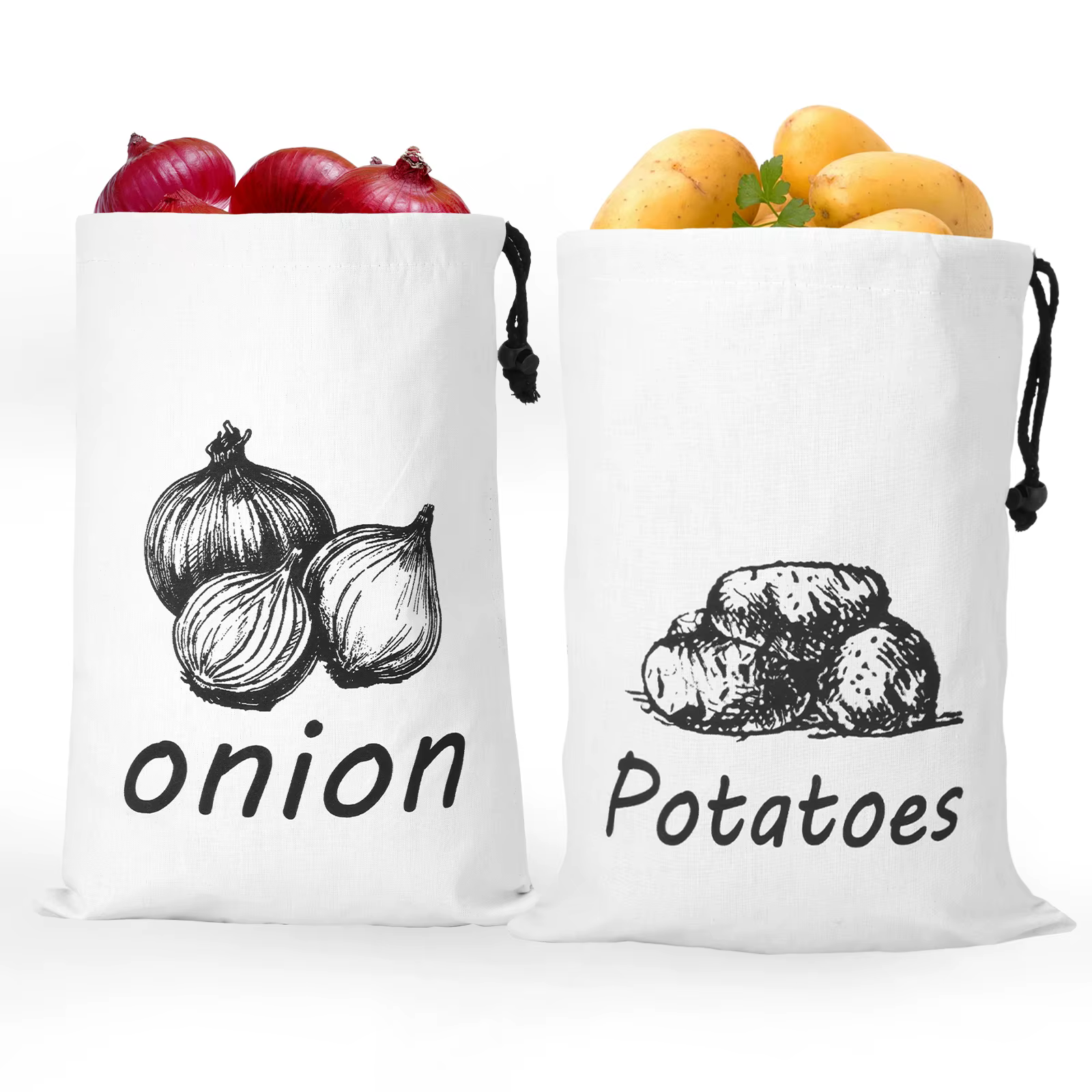 Sac de rangement pour pommes de terre et oignons, 2 pièces, avec cordon de serrage, organisateur de fruits et légumes frais, rangement réutilisable pour la cuisine domestique