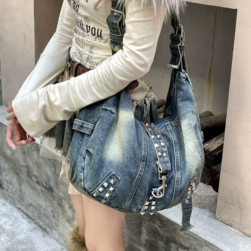 Sac fourre-tout en jean rétro américain pour femmes