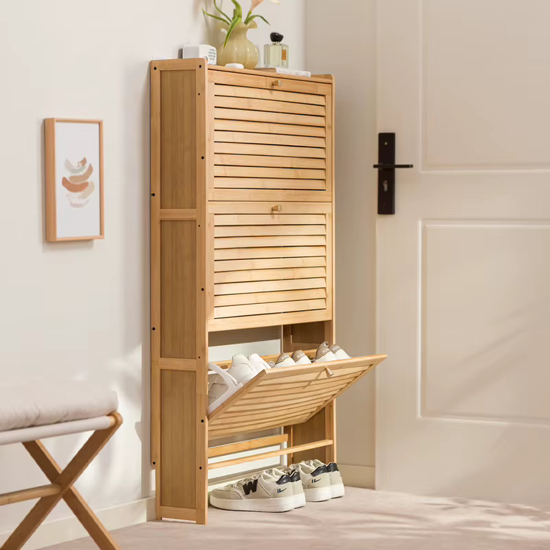 Armoire à chaussures à portes à persiennes en bambou, armoire à chaussures ultra-mince multi-niveaux, armoire à chaussures étroite en bambou, étagère à chaussures murale