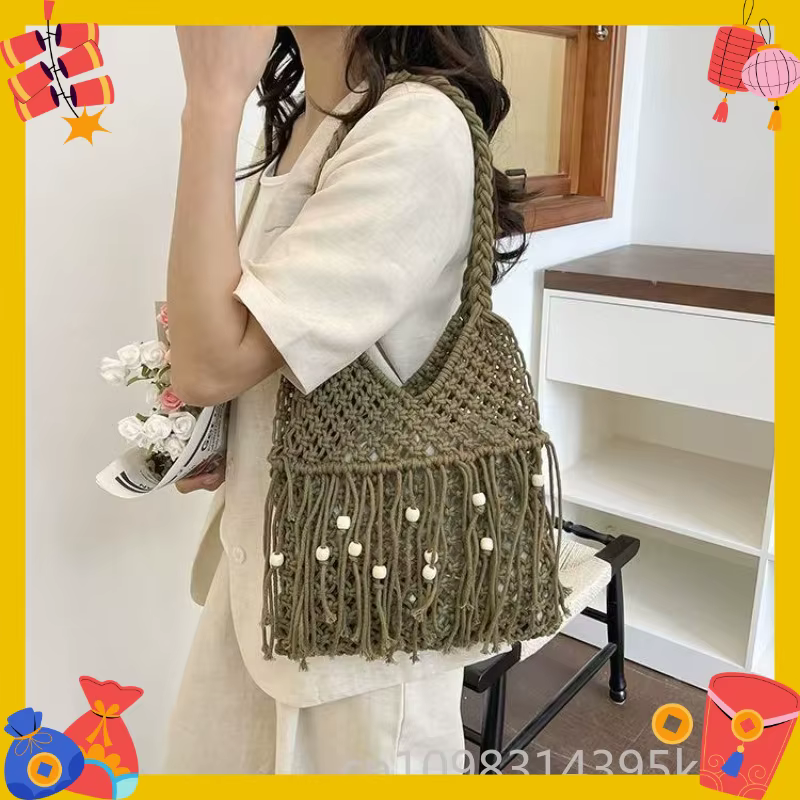 Sac à bandoulière en paille pour femmes, avec cordon de serrage, ajouré et respirant, léger, grande capacité, pour voyage et extérieur