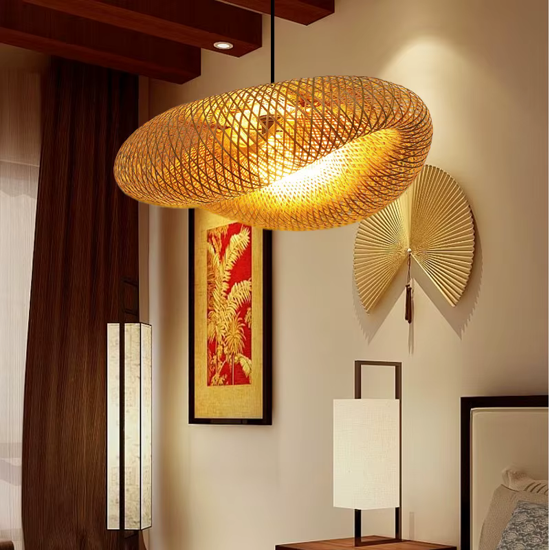 Fait à la main Vintage bambou tissage pendentif LED lumière maison suspendu lustre éclairage salon cuisine rotin tissé lampe