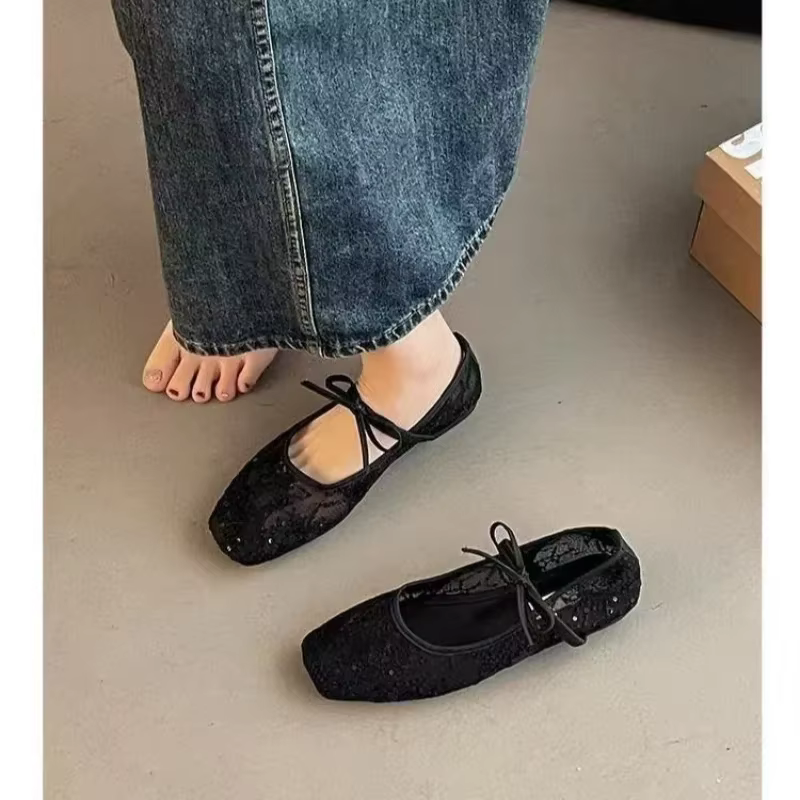 Chaussures plates élégantes à bout carré en maille sexy pour femme