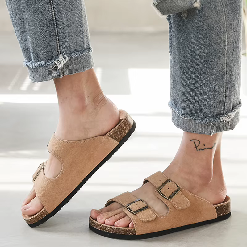 NuSO k-Pantoufles d'été en liège pour femmes, mules, sabots, sandales plates, diapositives décontractées, plage, couple, double structure, chaussures souples, grande taille