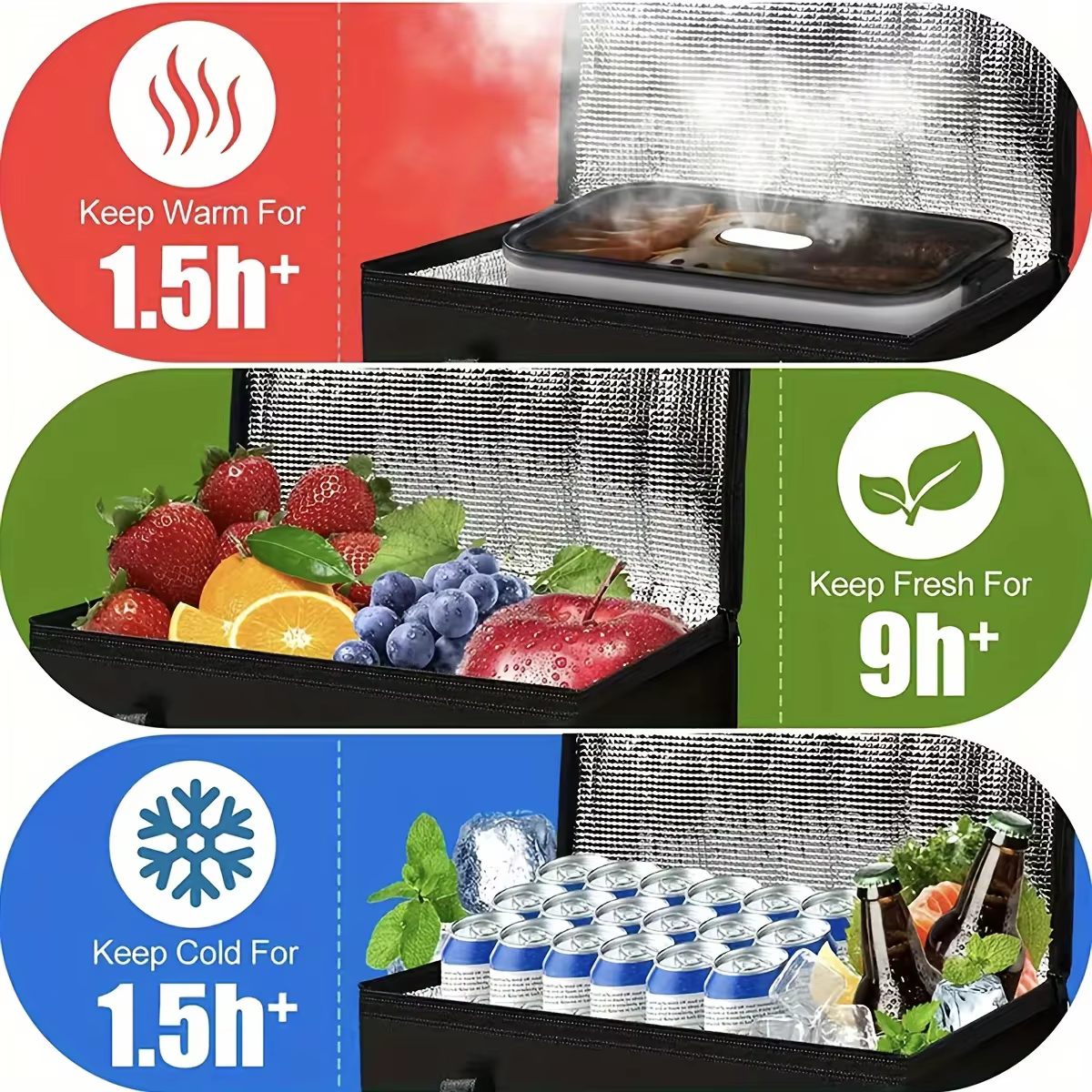 XL/grand sac isotherme : garder les aliments chauds et froids pour les heures – fourre-tout d'épicerie, sac isotherme souple, chauffe-pizza, fermeture éclair légère et robuste