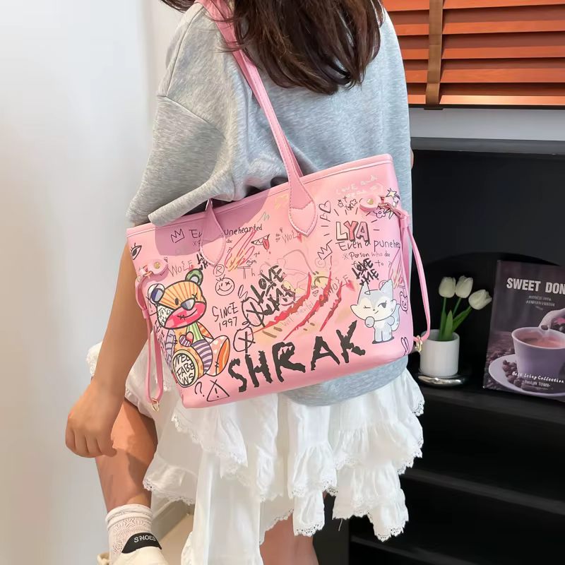 Sac fourre-tout Bear Doodle pour femme – Imprimé graffiti, grande capacité, sac à main polyvalent à bandoulière