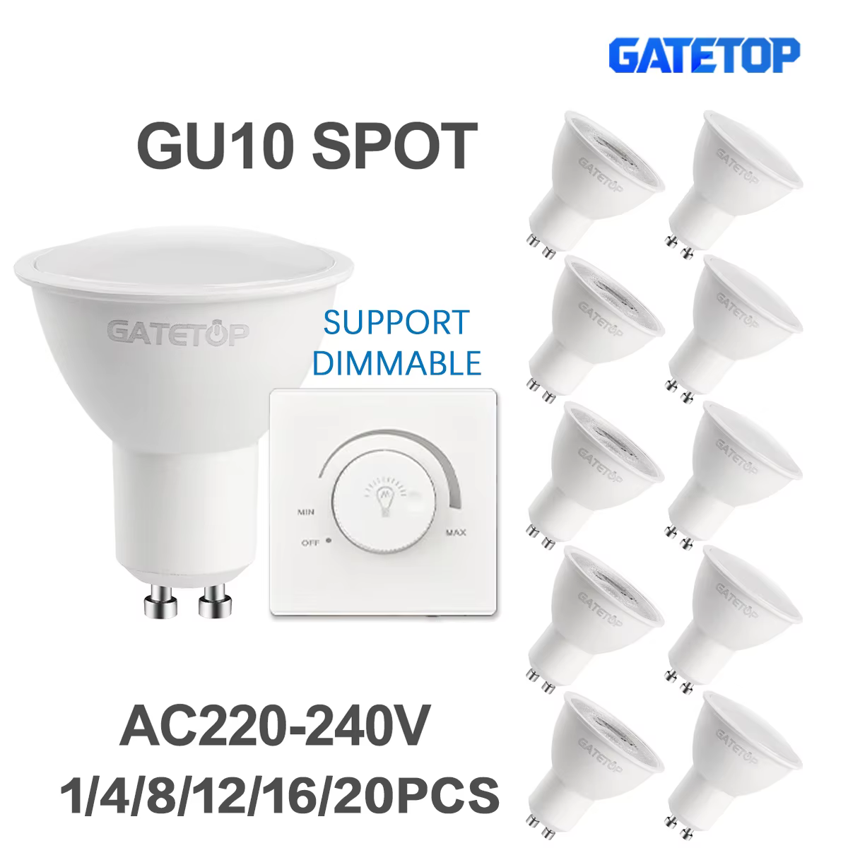 Ampoule LED GU10 Dimmable 220V, Lumière Chaude 3000K 4000K, Remplace Lampe Halogène 50W, pour Éclairage Directionnel Domestique (1/4/8/12/16/20 Pièces)
