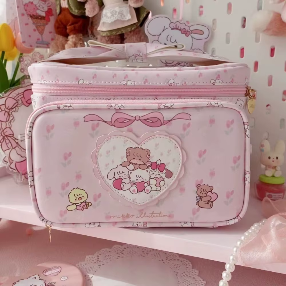 Kawaii Mikko Joint – sac à cosmétiques avec nœud Double couche, mignon cœur Girly, sac de rangement de grande capacité, sac à main cadeau pour filles, nouvelle collection 2023