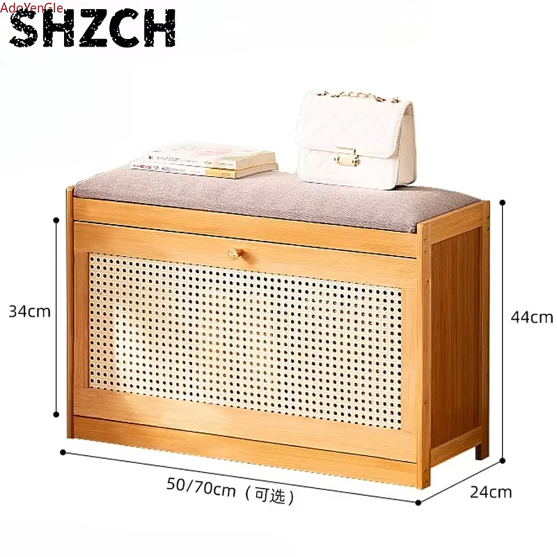 Banc d'entrée en bambou naturel avec coussin et rangement basculant pour chaussures