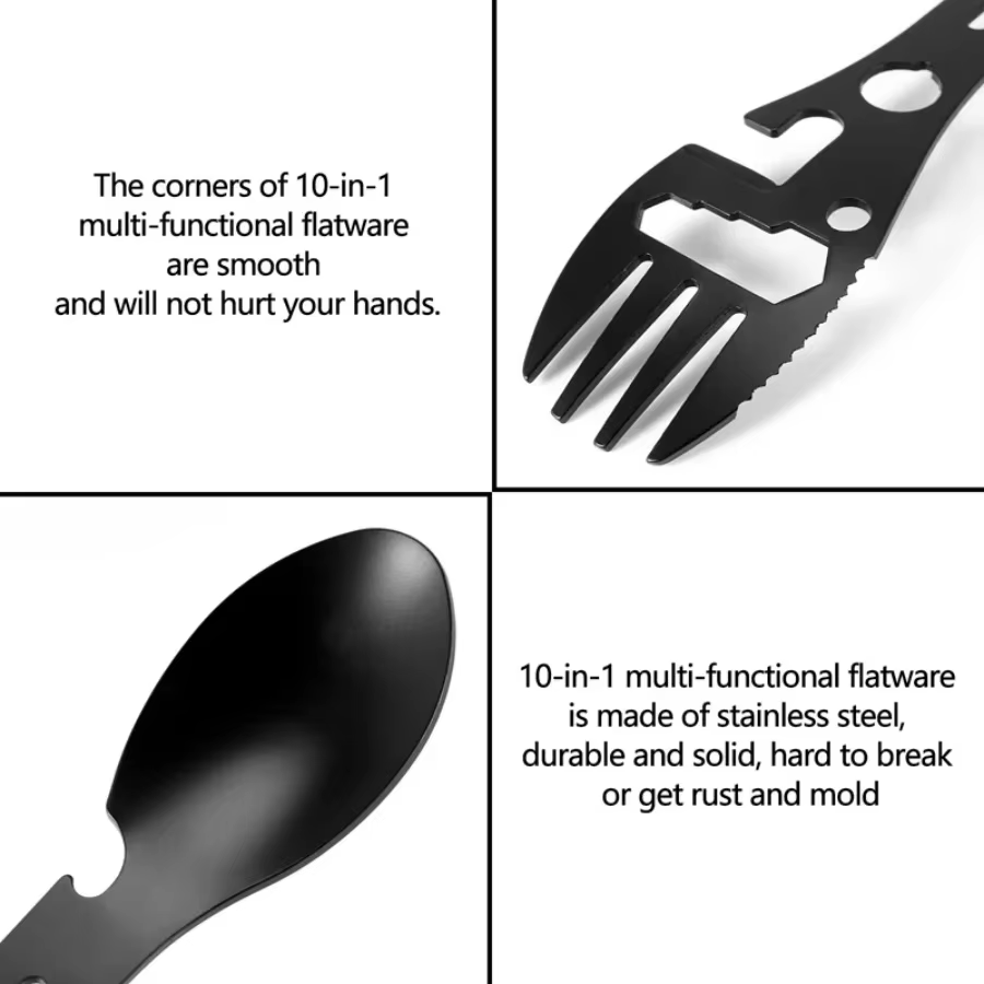 Outils de survie en plein air 5 en 1, kit EDC multifonctionnel pour le camping, fourchette, couteau, cuillère, ouvre-bouteille/ouvre-boîte pratique