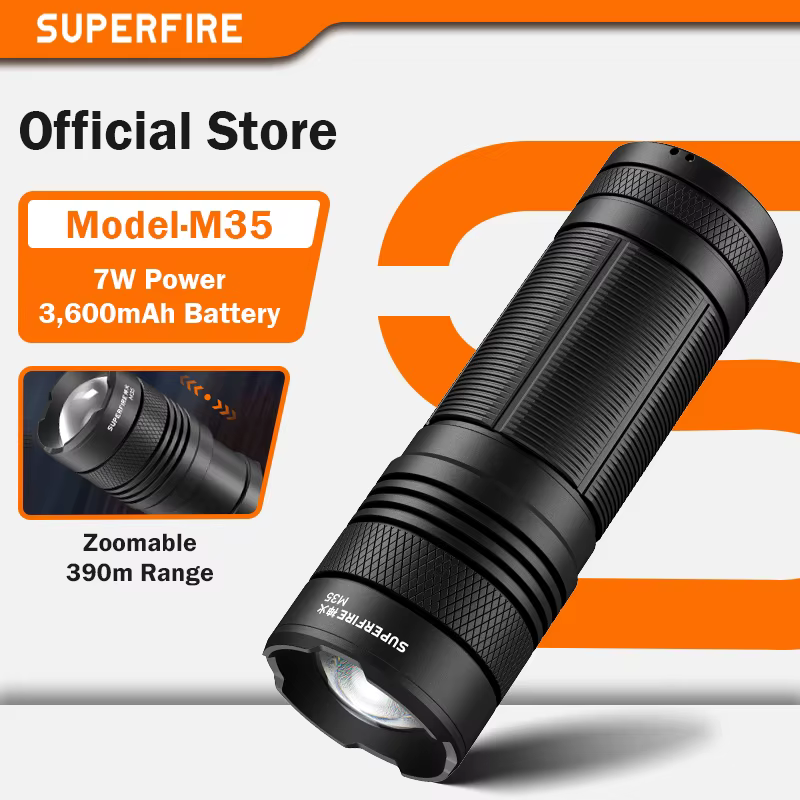 SUPERFIRE M35 7W lampe de poche LED puissante USB-C torche Rechargeable Zoomable lanterne de chasse étanche en alliage d'aluminium lampe à main