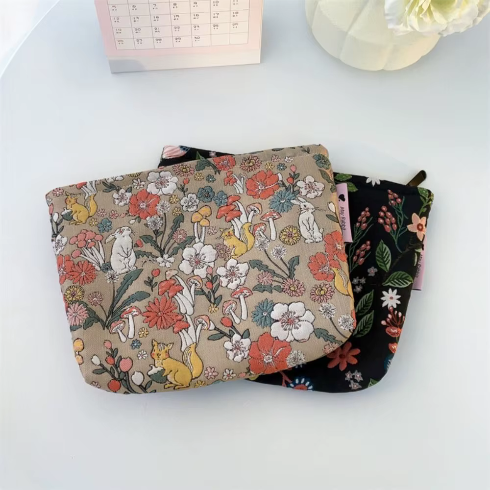 Pochette cosmétique brodée en toile, style coréen, grande capacité, sac de rangement jacquard, trousse de maquillage portable à fermeture éclair, pour l'extérieur