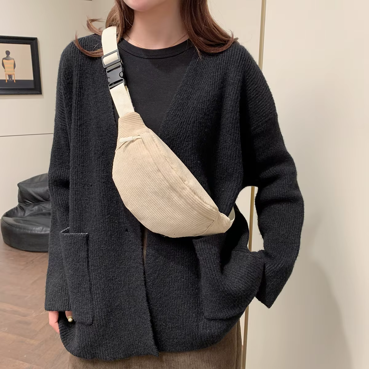 Sacs de ceinture en velours côtelé décontractés pour femmes, sac banane à la mode, sac de taille banane, sac à main de hanche, sac à bandoulière de poitrine, poche