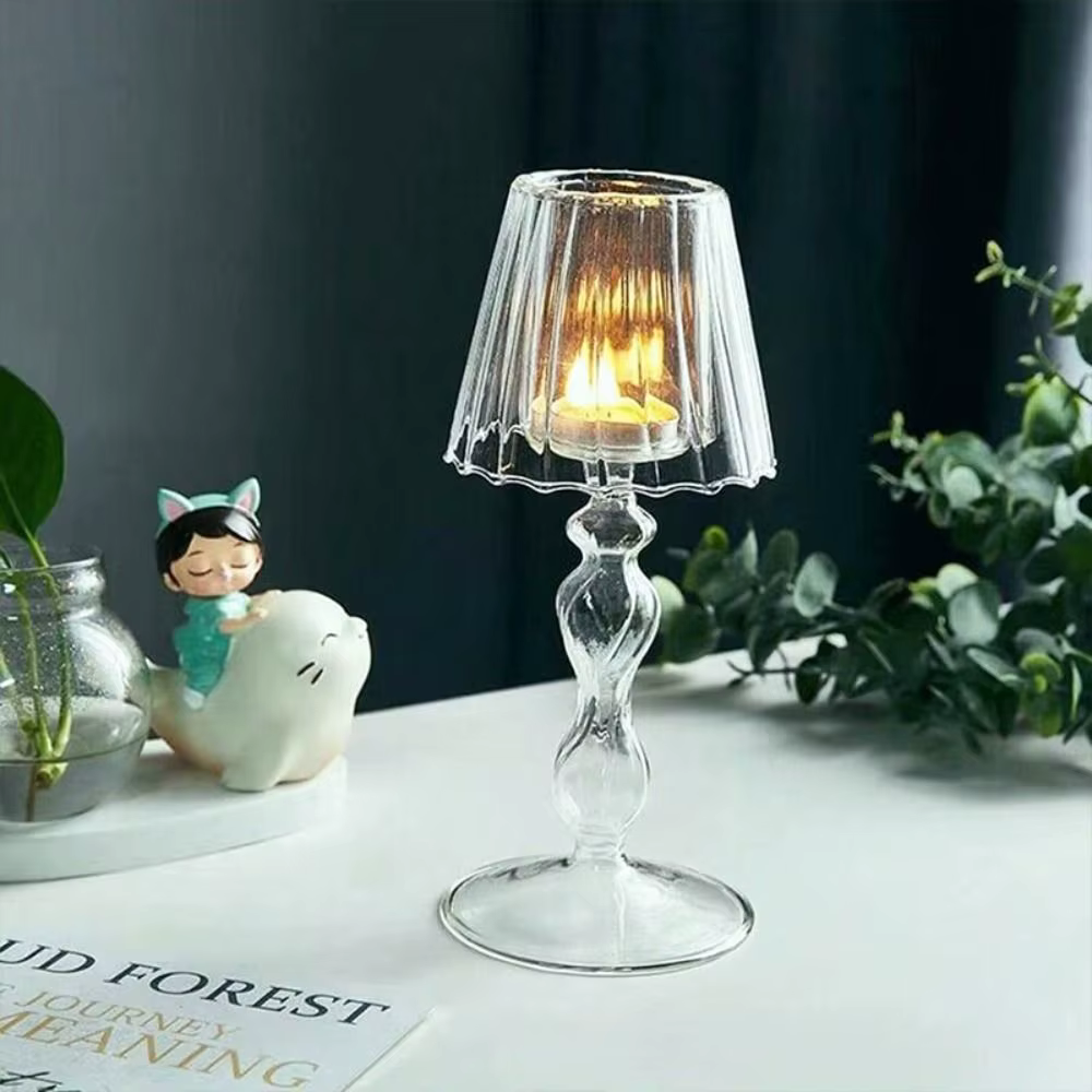 Chandelier rayé en verre à pieds hauts, bougeoir en forme de lampe d'art créatif, candélabre artisanal Transparent délicat