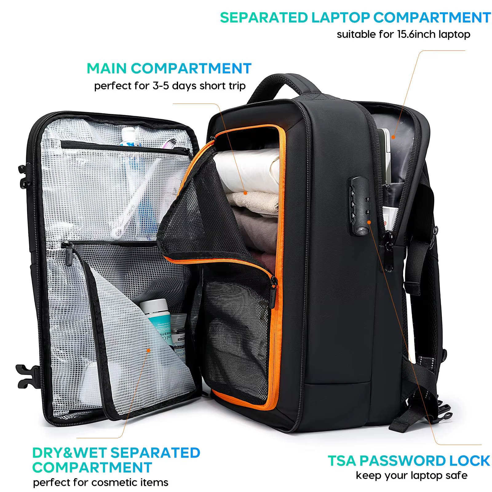 BANGE Hot nouveau sac de cabine antivol séparation humide et sèche sac à dos de voyage pour hommes femmes bagages à main 15.6 pouces sacs à dos d'ordinateur portable