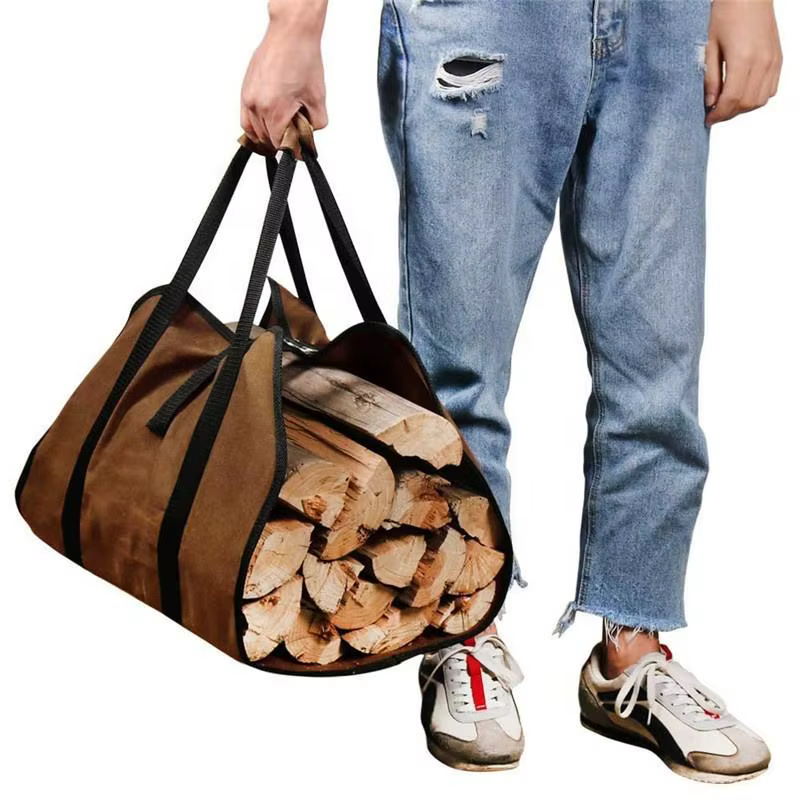 Support de sac à bûches en toile cirée robuste avec poignées pour cheminée à bois de chauffage