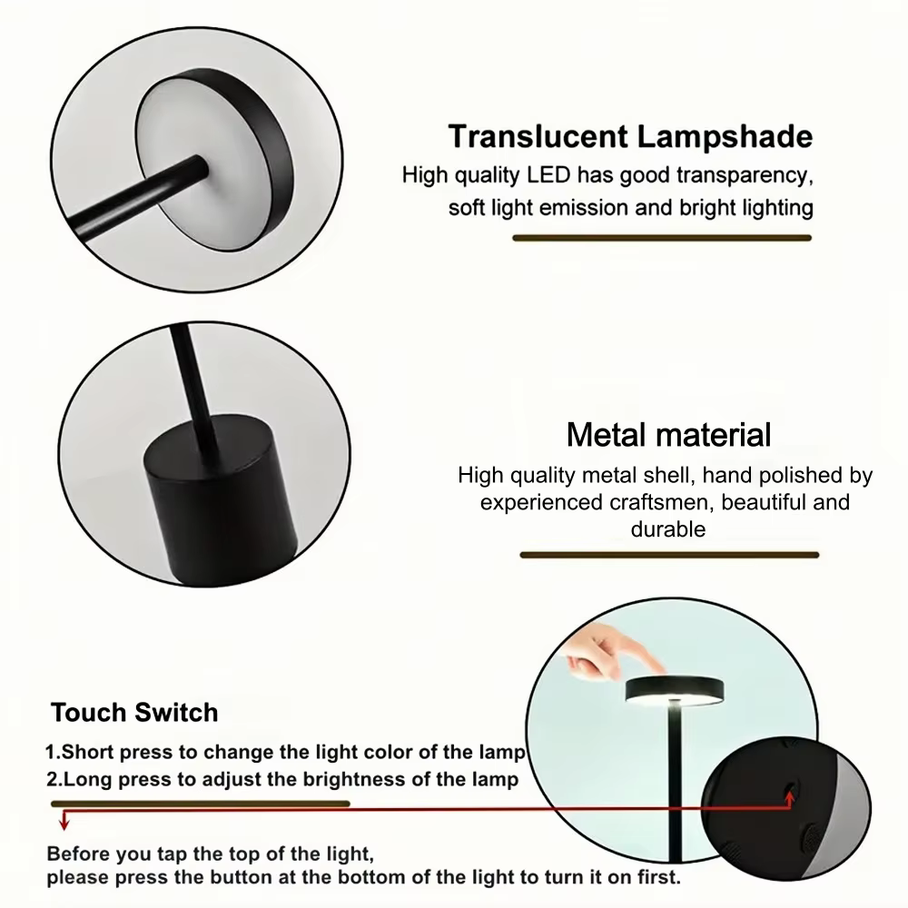 Lampe de bureau en métal LED, contrôle tactile 3 couleurs, luminosité réglable, rechargeable par USB, portable, décoration de chambre à coucher, salon, bar