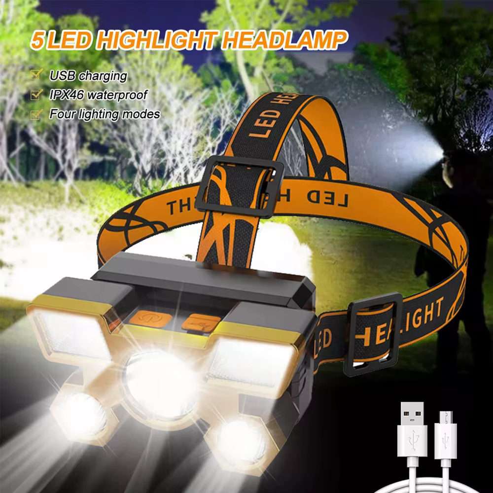 1 lampe frontale Rechargeable, torche de phare Portable 5LED, lampe de travail Portable, lampe frontale de Camping de pêche pour voyage, Camping