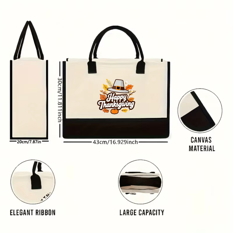 Sac fourre-tout de Thanksgiving, crème et noir, avec chapeau de pèlerin et design feuille d'automne, adapté au transport de cadeaux de vacances et aux fêtes