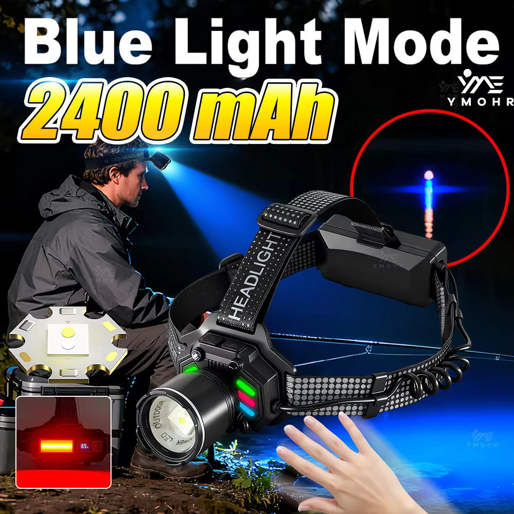 Lampe Frontale de Pêche LED, Détecteur Lumière Bleue, Rechargeable USB, Batterie 18650, Etanche, Mains Libres