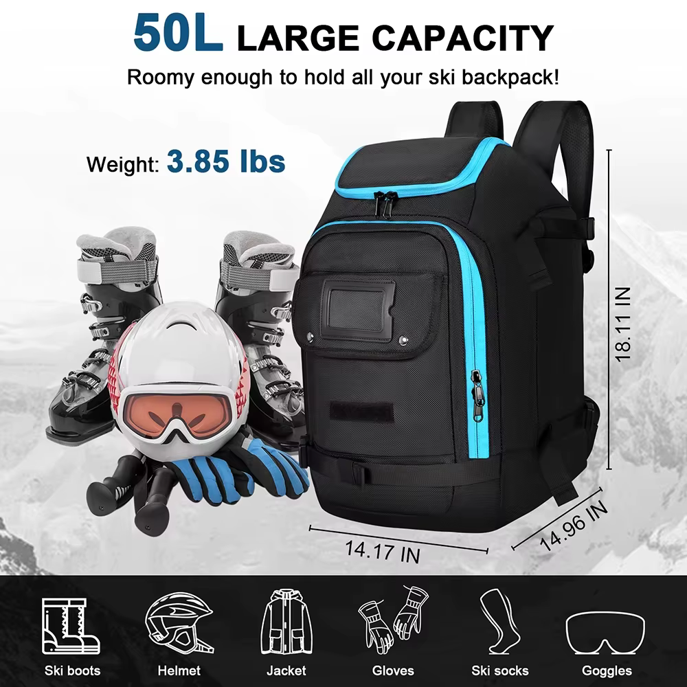 Sac à dos de voyage pour bottes de ski 50L grande capacité imperméable pour bottes de snowboard, casque, lunettes, support pour skis, séparation sec/humide