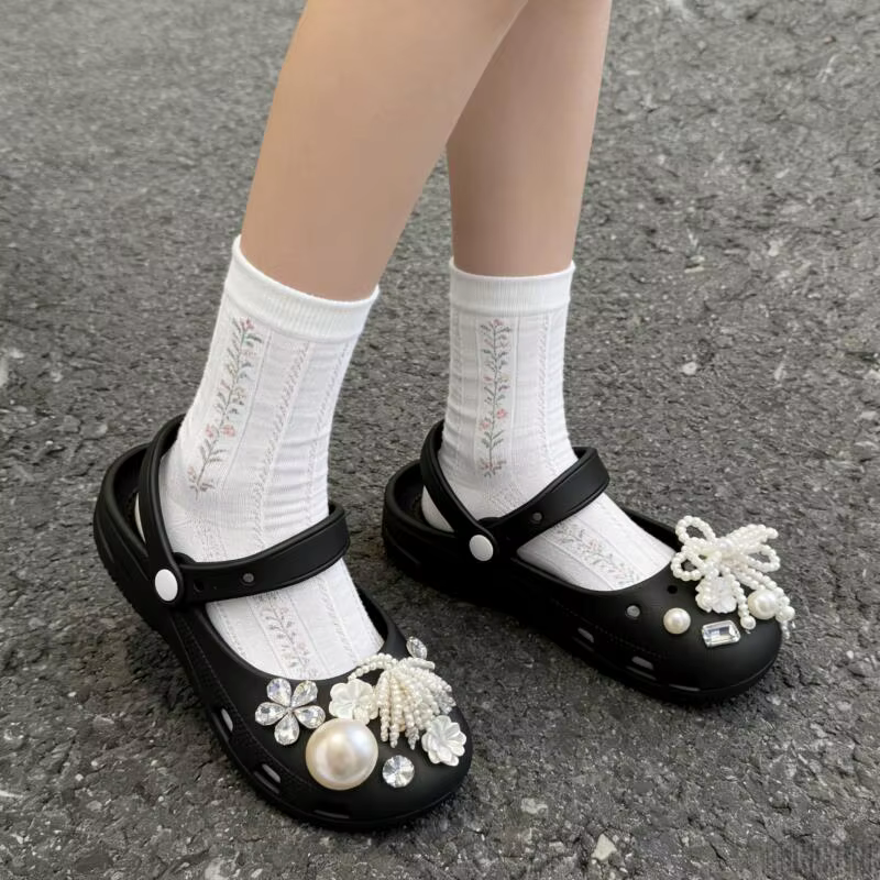 Accessoires de luxe pour sabots de ballet à chaîne de perles et fleurs
