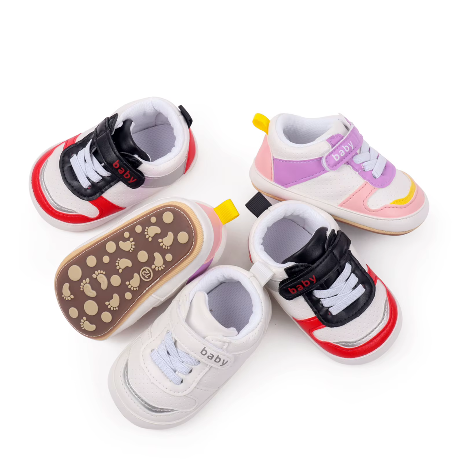 Baskets à paillettes de couleur contrastée pour bébés garçons et filles, chaussures plates à semelle souple, antidérapantes, chaussures de première marche pour nouveau-nés