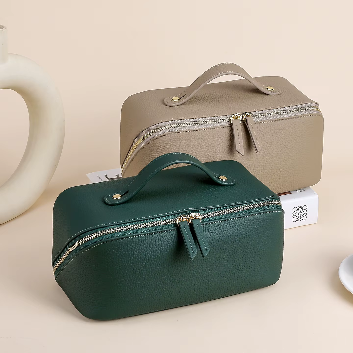 Sac à cosmétiques en cuir véritable de grande capacité pour femme ou fille, sac de maquillage en cuir de vache véritable