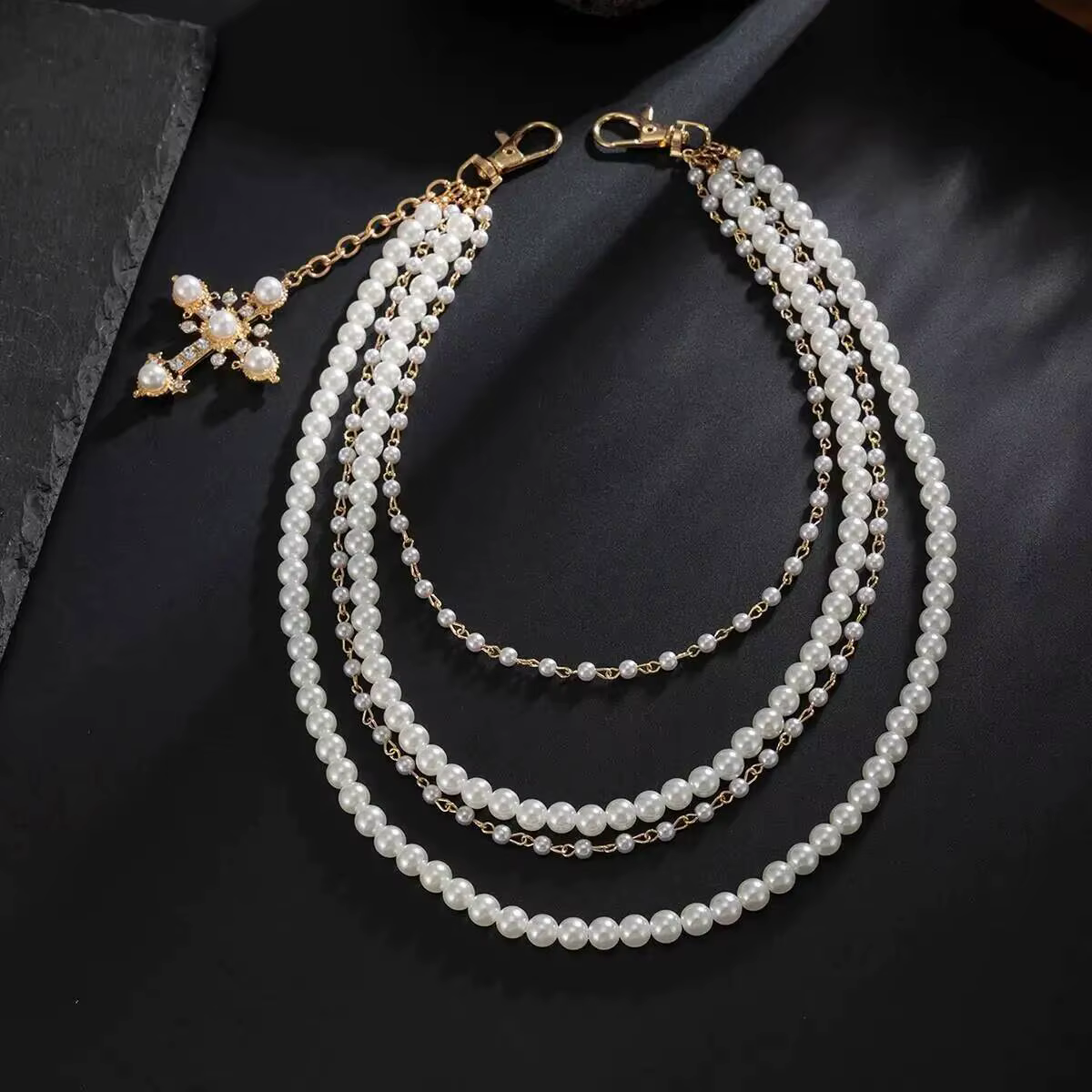 Porte-clés multicouche en Imitation de perles pour hommes, tendance Hip Hop, exquis, pendentif croix, portefeuille, ceinture, chaîne, accessoire de bijoux