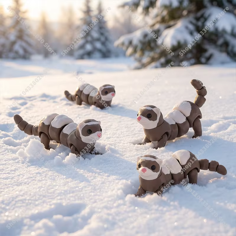 Figurine de furet articulée – Animal en peluche articulé marron et blanc de 8 cm, poseable à collectionner pour la décoration de bureau