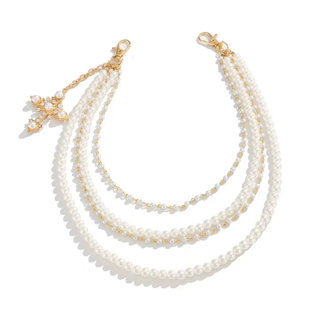 Porte-clés multicouche en Imitation de perles pour hommes, tendance Hip Hop, exquis, pendentif croix, portefeuille, ceinture, chaîne, accessoire de bijoux