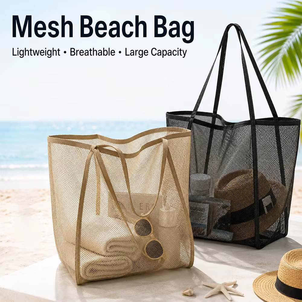 Sac de plage en maille portable, léger, respirant, à séchage rapide, sac de voyage pour les sorties à la plage, les activités de plein air, le rangement des serviettes et des jouets