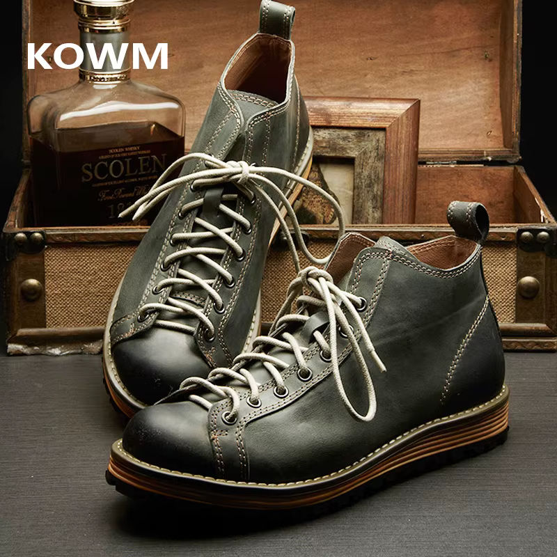 KOWM chaussures de randonnée bottes de marche pour hommes britanniques à semelles épaisses en peau de vache