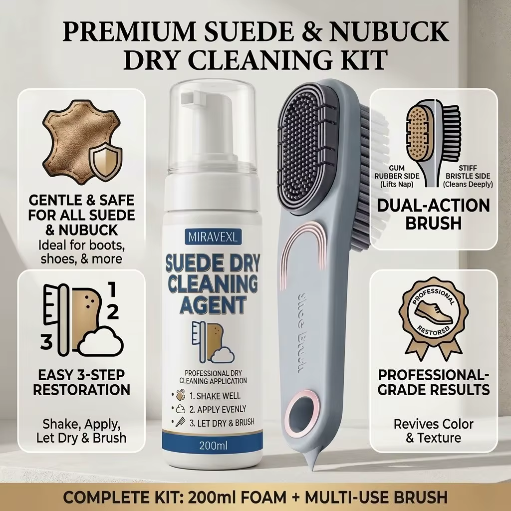 Nettoyant à sec pour chaussures en daim avec ensemble de brosses, mousse détachante sans eau pour baskets, bottes et chaussures en cuir nubuck