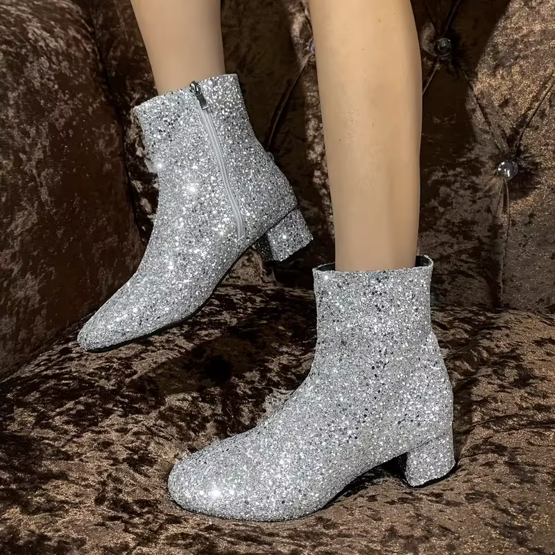 Bottines de noël à paillettes pour femmes, fermeture éclair, talon épais, bout rond, talons épais, chaussures de fête pour femmes
