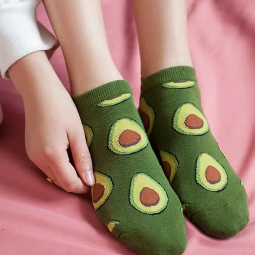 5 paires de chaussettes d'équipage d'avocat, dessin animé, mode fraîche, respirantes, confort Kawaii, chaussettes bateau coupe basse pour femmes, été et automne