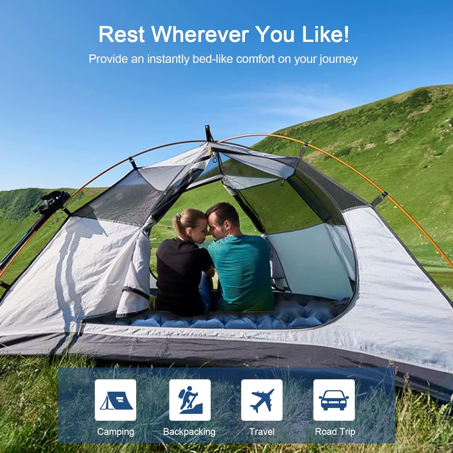 Tente de camping, grand matelas pneumatique pour 2 personnes