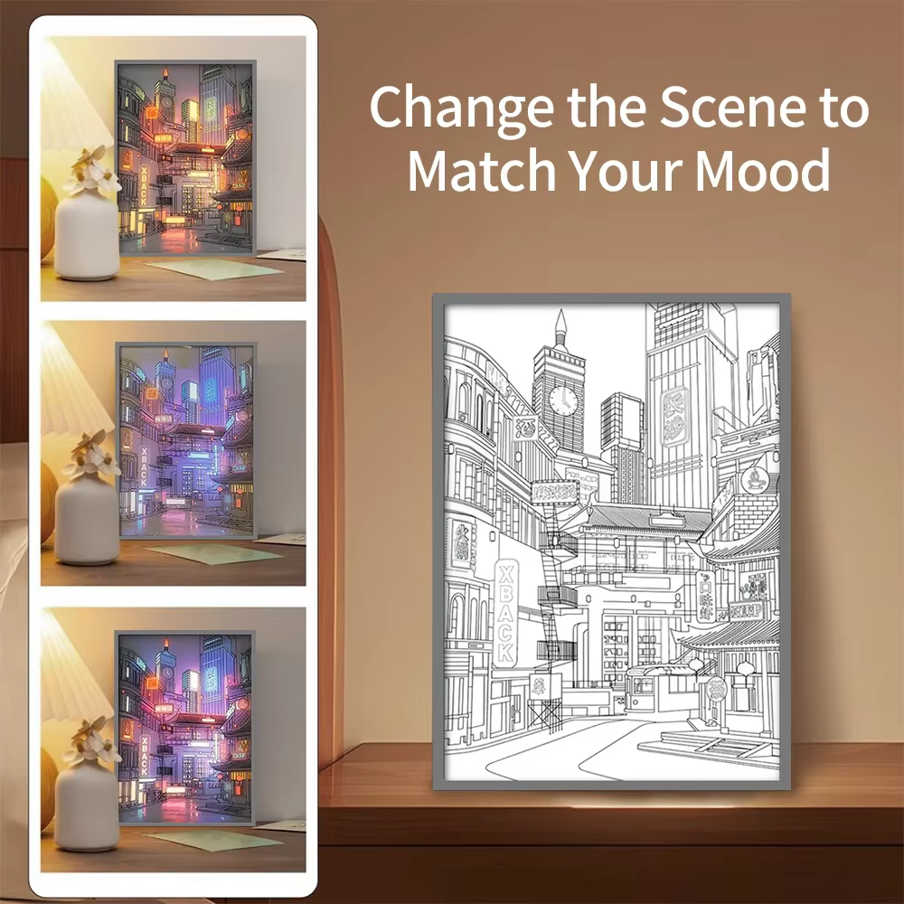 Lampe LED Anime Paysage Urbain Nocturne, Peinture Lumineuse HD à Cadre Fin, Prise USB, Intensité Réglable, Décoration Romantique pour la Maison