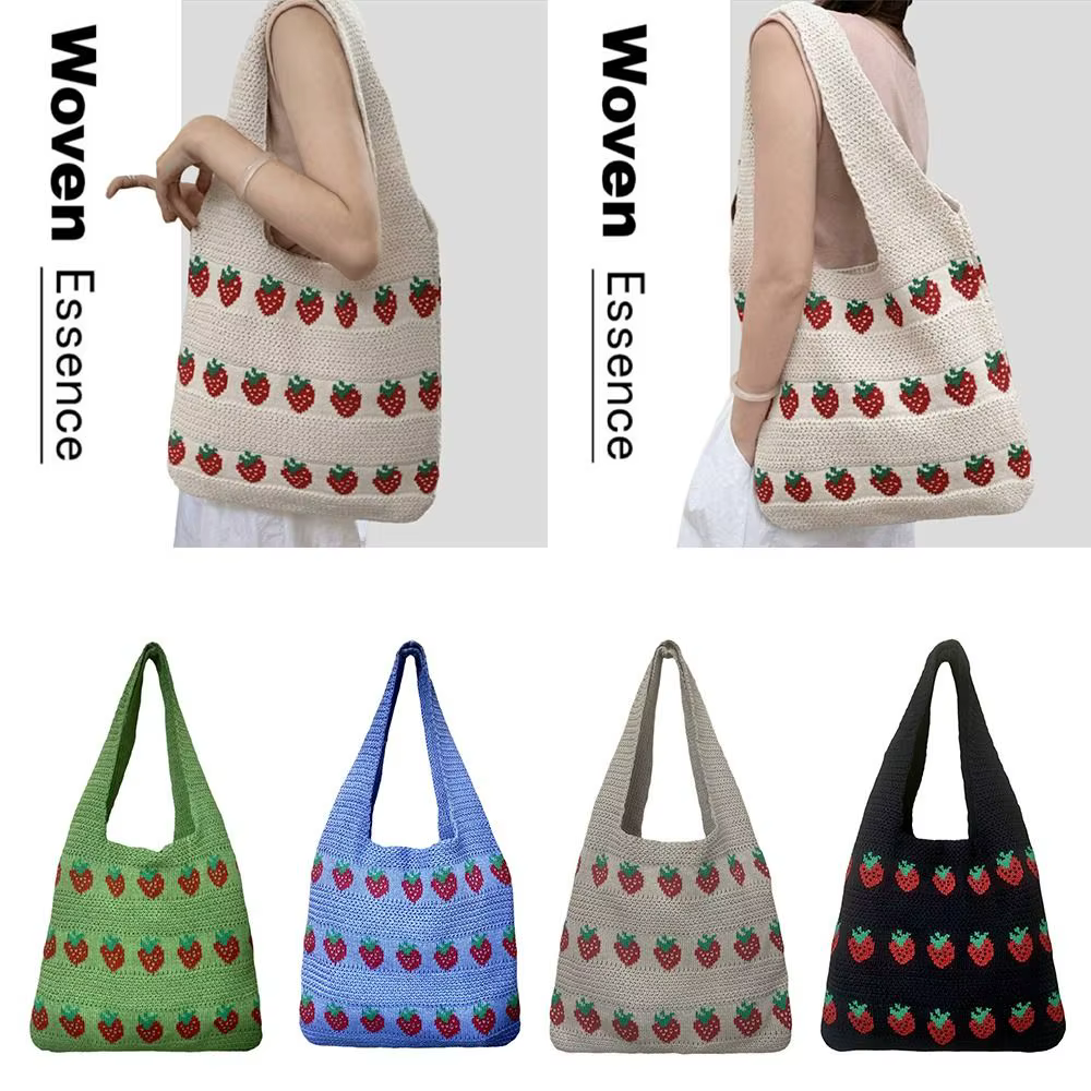 Sac à main tricoté pour femme, motif fraise, grande capacité, sac en crochet durable et léger, sac fraise
