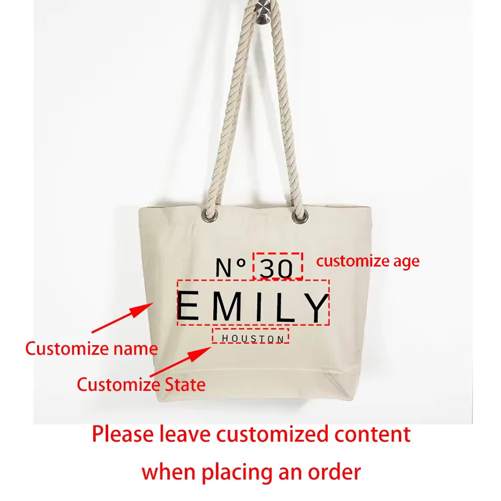 Sacs en toile perforés de chanvre personnalisés 30e 40e 50e ans, fourre-tout avec nom et état, cadeau de célébration d'anniversaire pour femmes, fête d'anniversaire