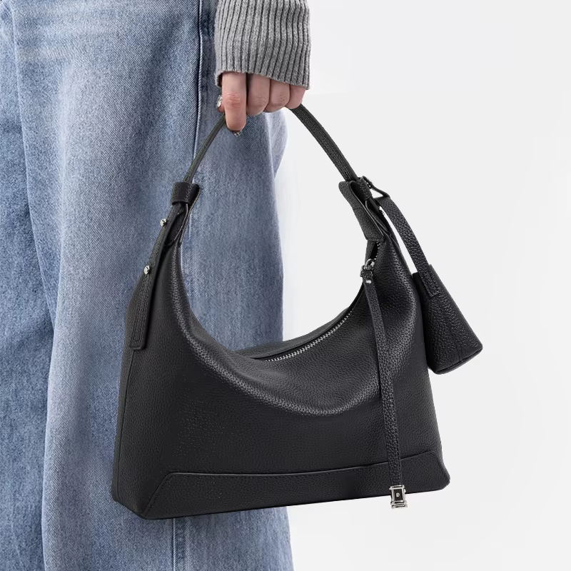 Sac Hobo en Cuir de Vachette Grainé, Design à Double Bretelles, Sac à Main en Cuir de Vachette Souple, Sac à Bandoulière pour Sorties Quotidiennes Décontractées