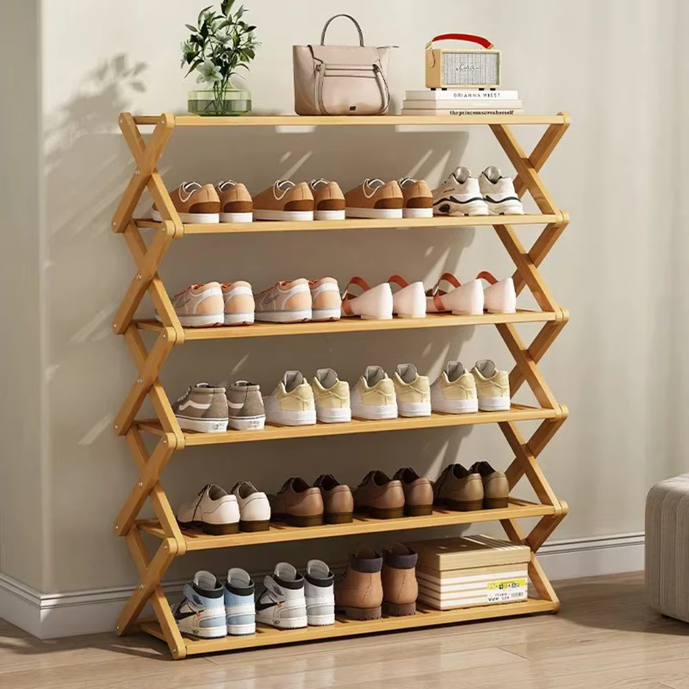 Étagère à chaussures pliante à 4 niveaux, Installation gratuite en bambou, gain de place, étagère de rangement pour chaussures, meubles de maison, armoire à chaussures