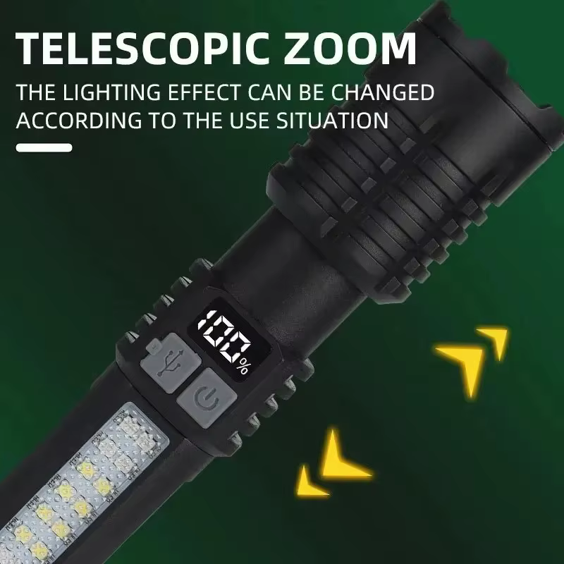 Lampe torche LED haute puissance avec zoom et affichage numérique