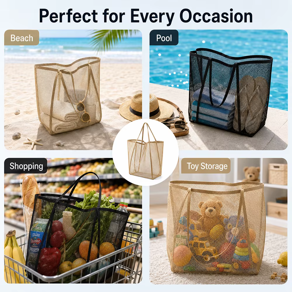 Sac de plage en maille portable, léger, respirant, à séchage rapide, sac de voyage pour les sorties à la plage, les activités de plein air, le rangement des serviettes et des jouets