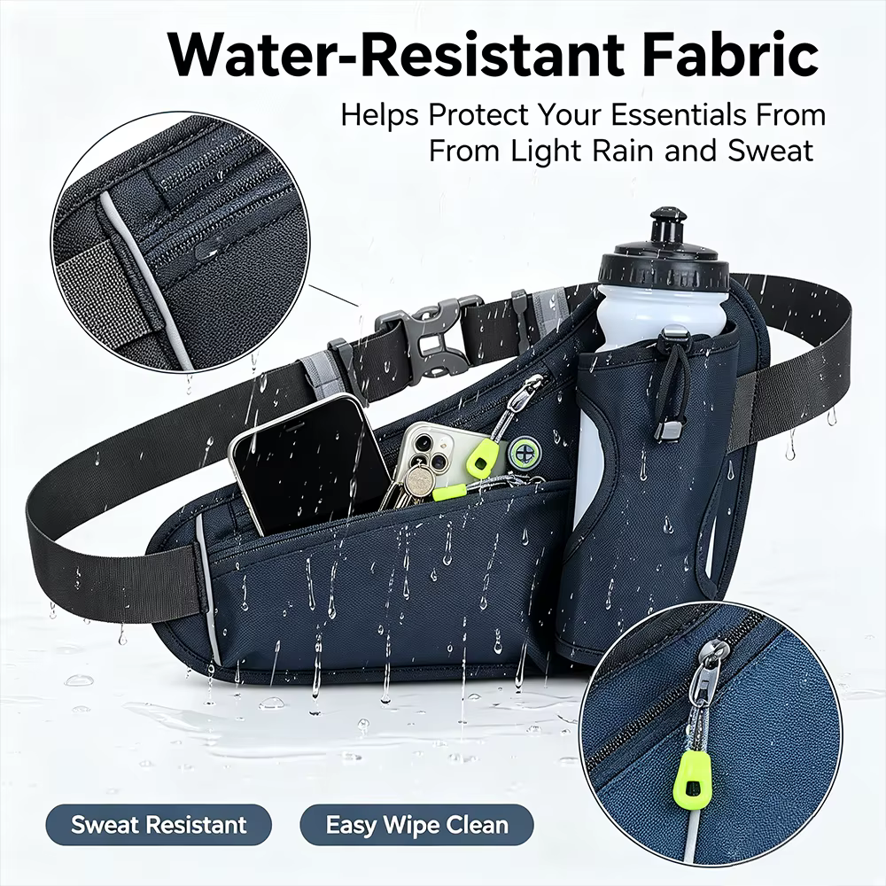 Sac banane de sport unisexe multicolore avec poche pour bouteille d'eau, ceinture de course ajustable et étanche, rangement pour téléphone portable