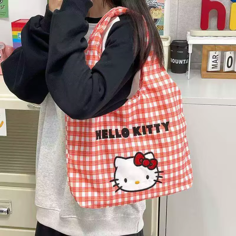 Sac fourre-tout en toile Hello Kitty pour femme, grande capacité, sac à bandoulière décontracté et mignon pour les trajets quotidiens, le travail, l'université, les voyages et les repas