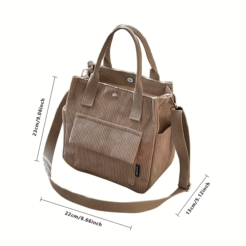 Sac fourre-tout en velours côtelé lavable à la main avec plusieurs poches, sac à bandoulière ou à bandoulière quotidien, cartable de couleur unie pour un usage quotidien