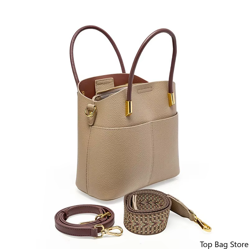 Sac seau en cuir véritable pour femme avec poignée supérieure et bandoulière amovible, sans logo, minimaliste, luxe discret