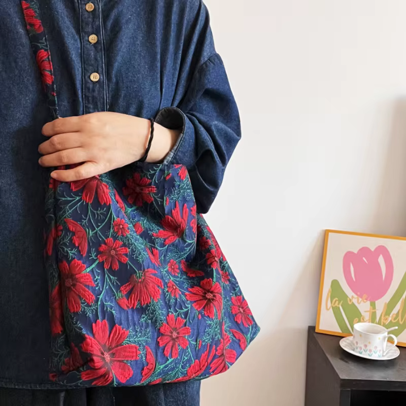Sac à bandoulière Vintage en Jacquard pour femmes, sac de Shopping réutilisable à motif Floral pour dames, fourre-tout Portable de grande capacité