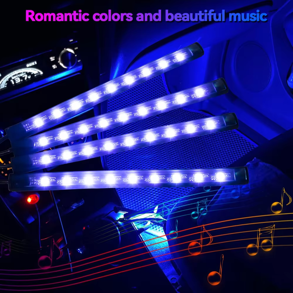 Lampe d'ambiance LED pour pied de voiture, avec télécommande sans fil USB, contrôle de la musique, plusieurs Modes, lumières décoratives intérieures automobiles