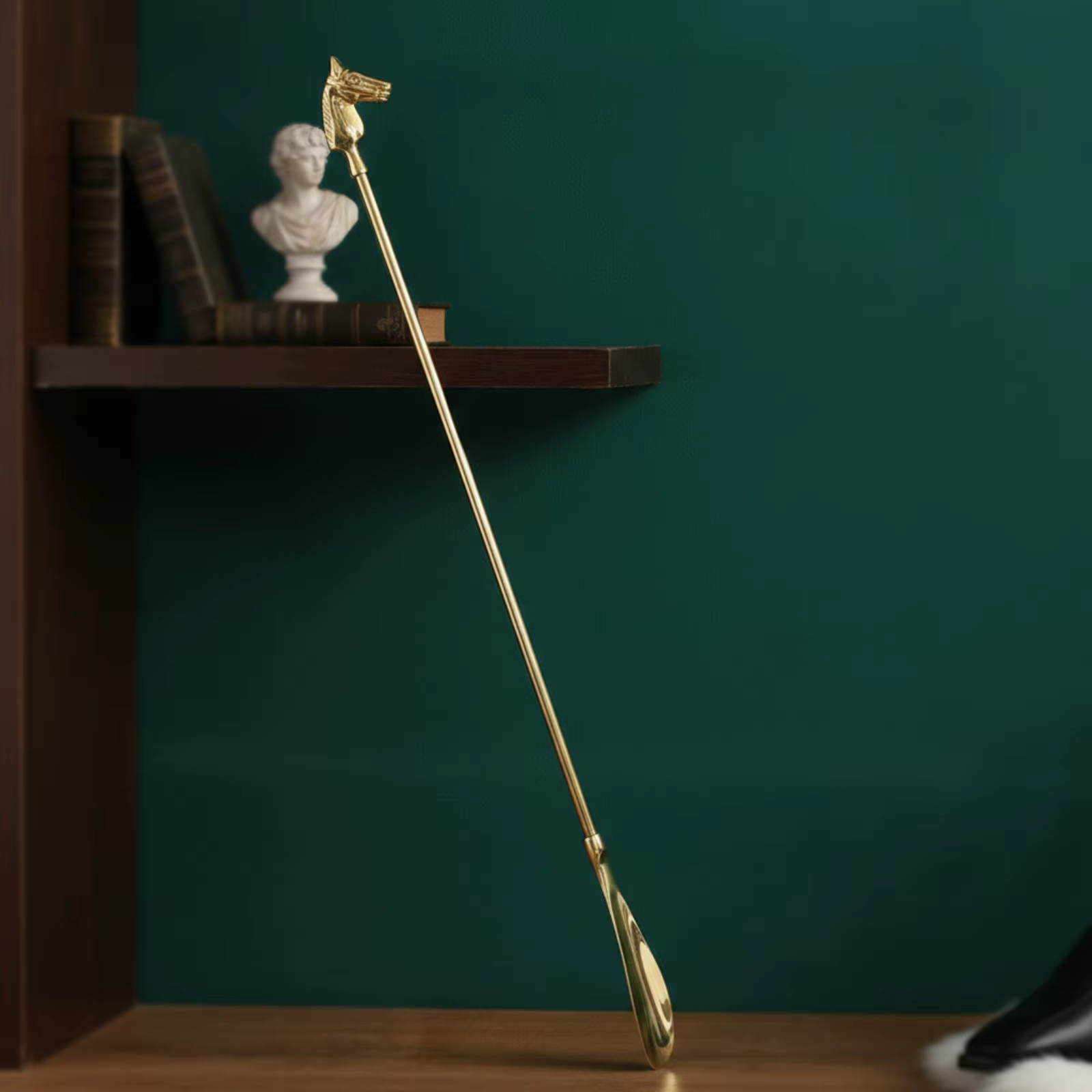 Chausse-pied en laiton avec tête de cheval, finition dorée polie, avec poignée décorative en forme de tête de cheval, facile à utiliser